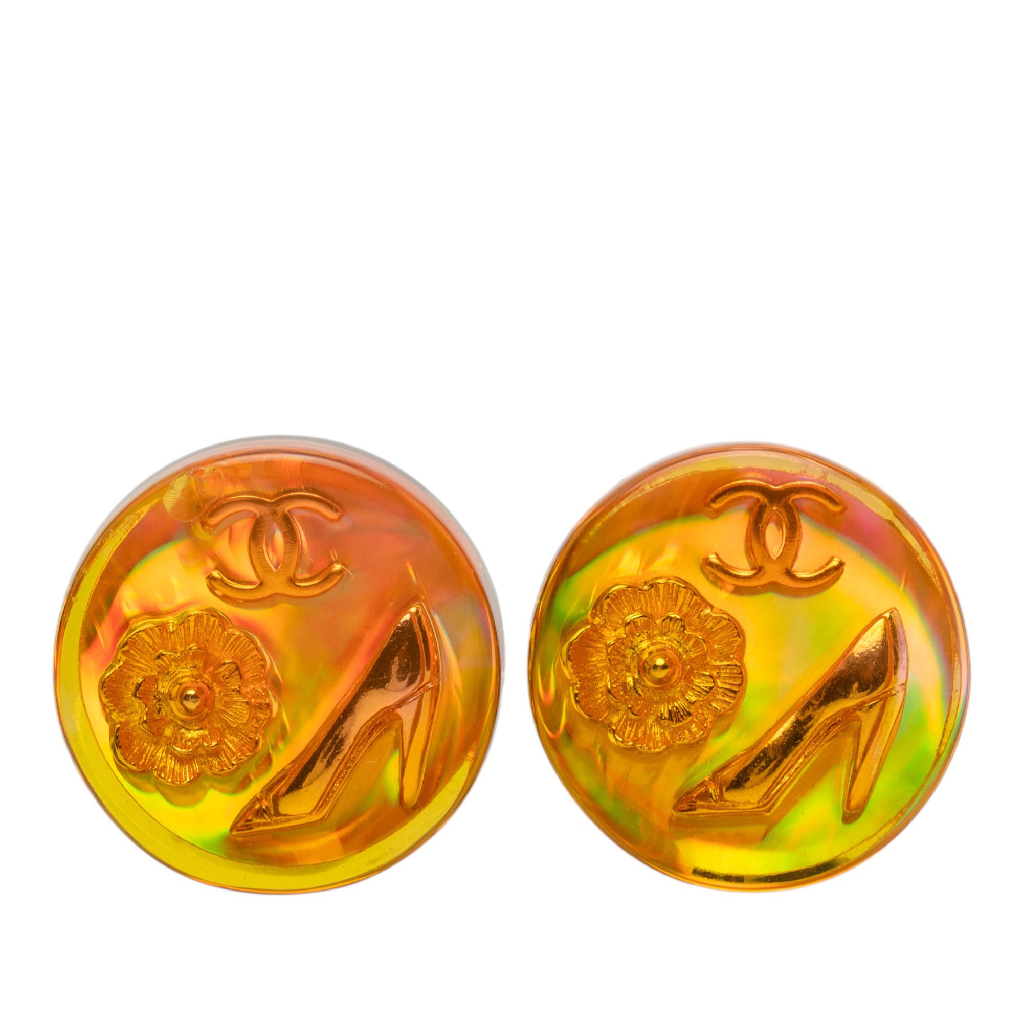 Gold Plated Resin CC Camellia Button Clip On Earrings - Image 1