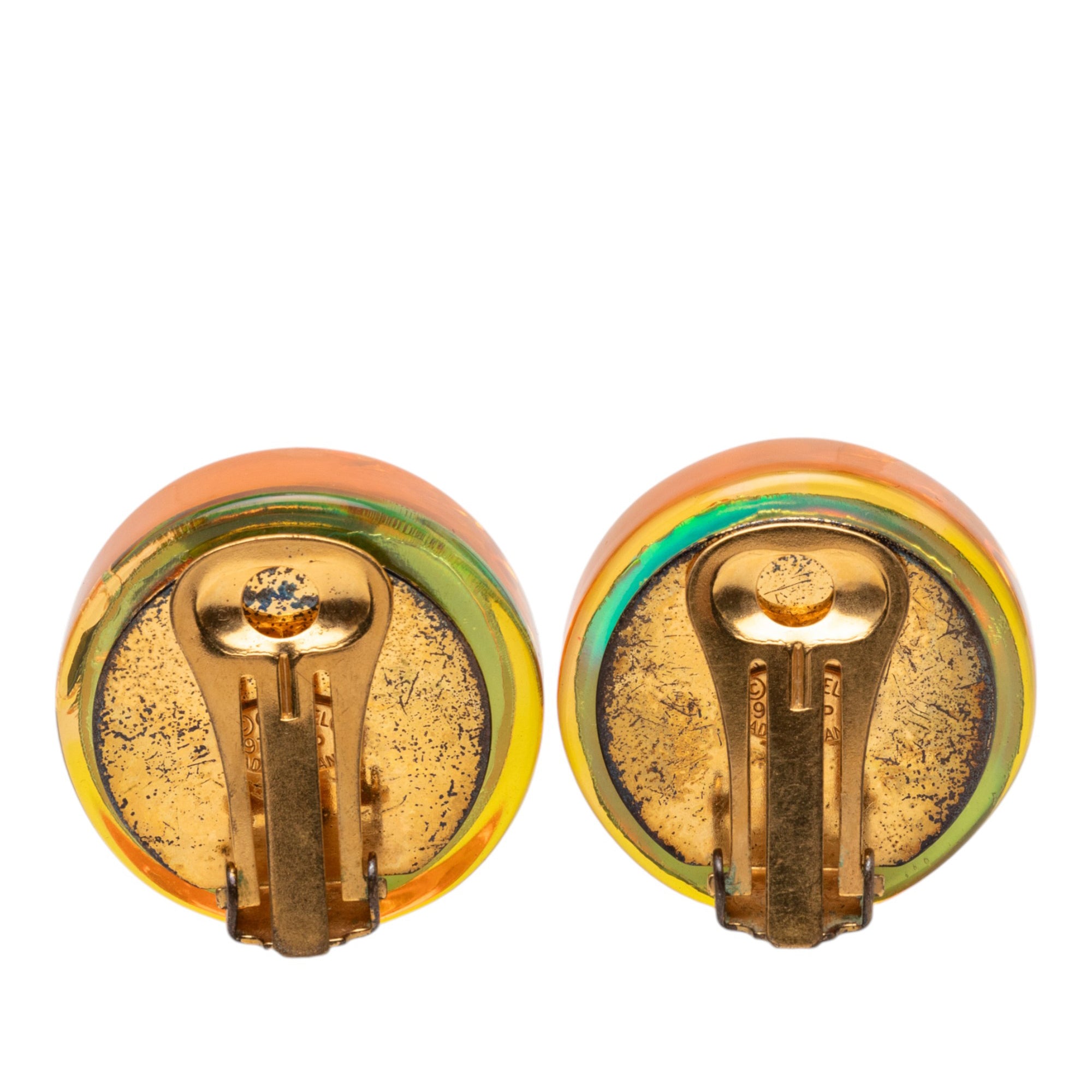 Gold Plated Resin CC Camellia Button Clip On Earrings - Image 2