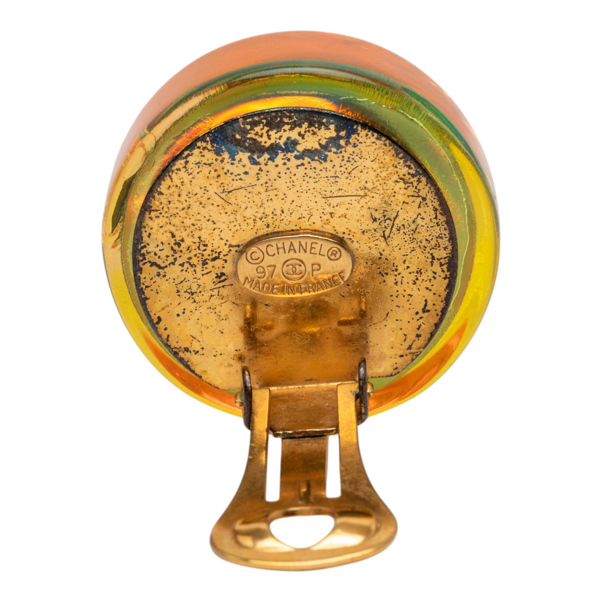 Gold Plated Resin CC Camellia Button Clip On Earrings - Image 3