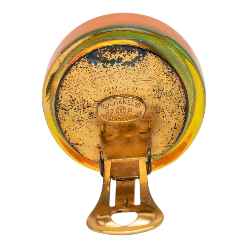Gold Plated Resin CC Camellia Button Clip On Earrings - Image 3