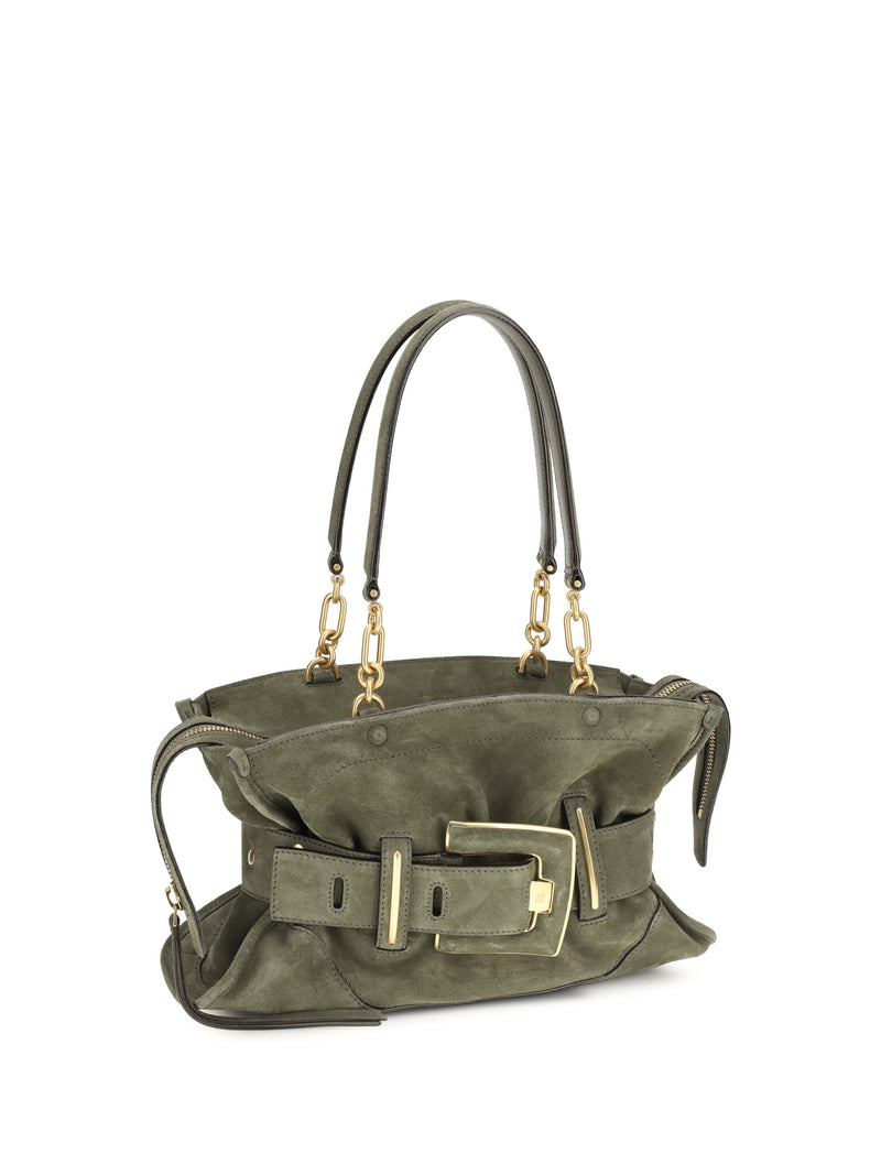 Balmain Anthem Shoulder Bag — Green Calf Suede