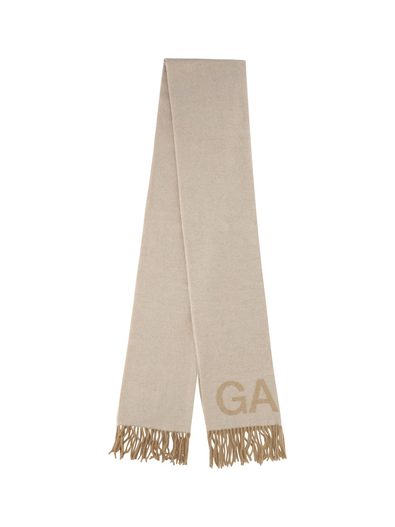 Ganni Logo-Embroidered Wool Scarf — Beige Scarfs