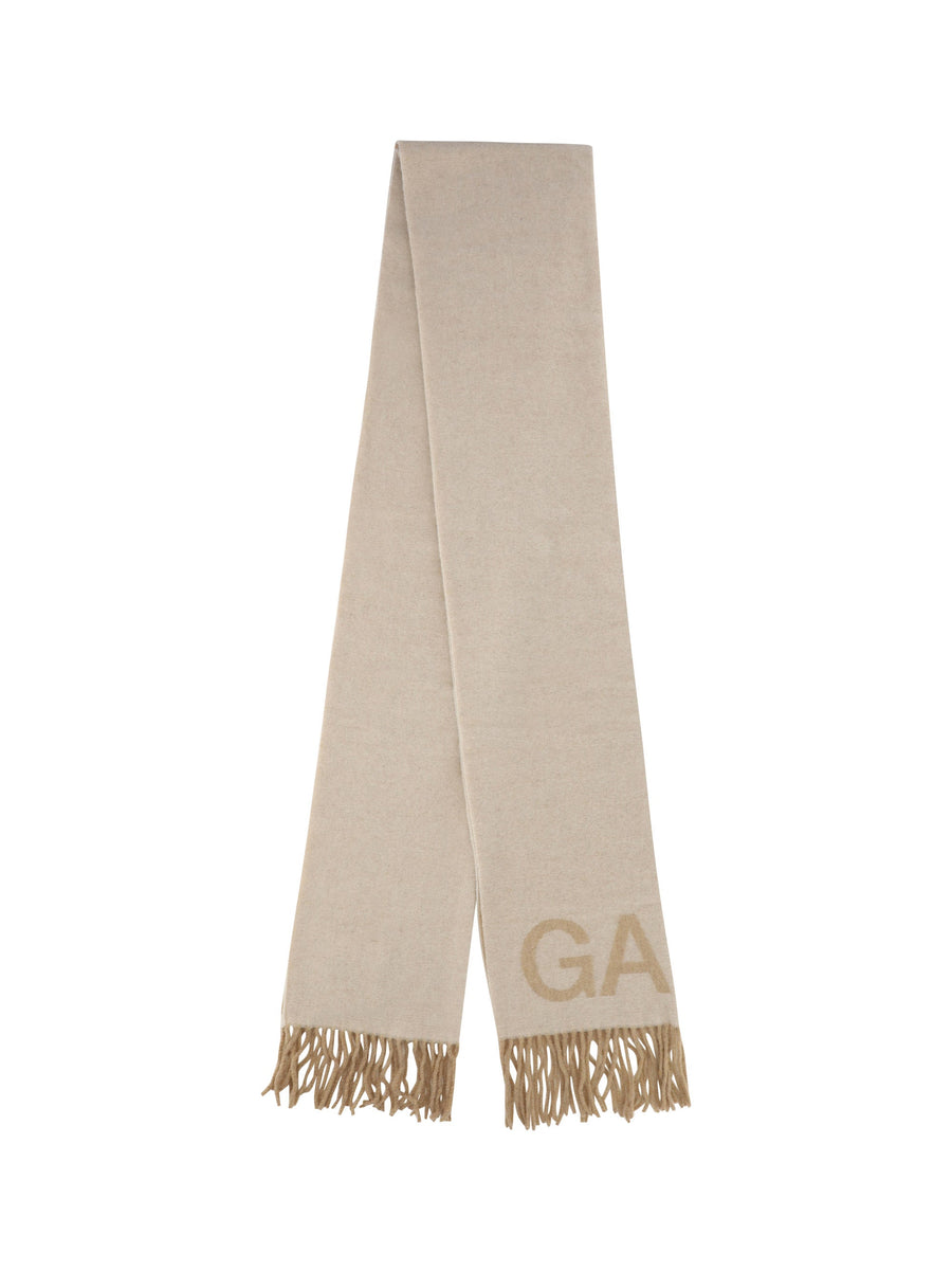 Ganni Wool Blend With Embroidered Logo Scarf — Beige Scarfs