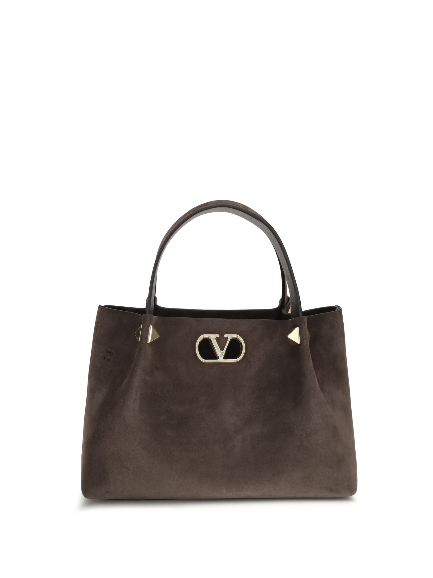 Valentino Garavani Suede With Studded Vlogo Top Handle Bag — Brown Calf Leather Bos Taurus