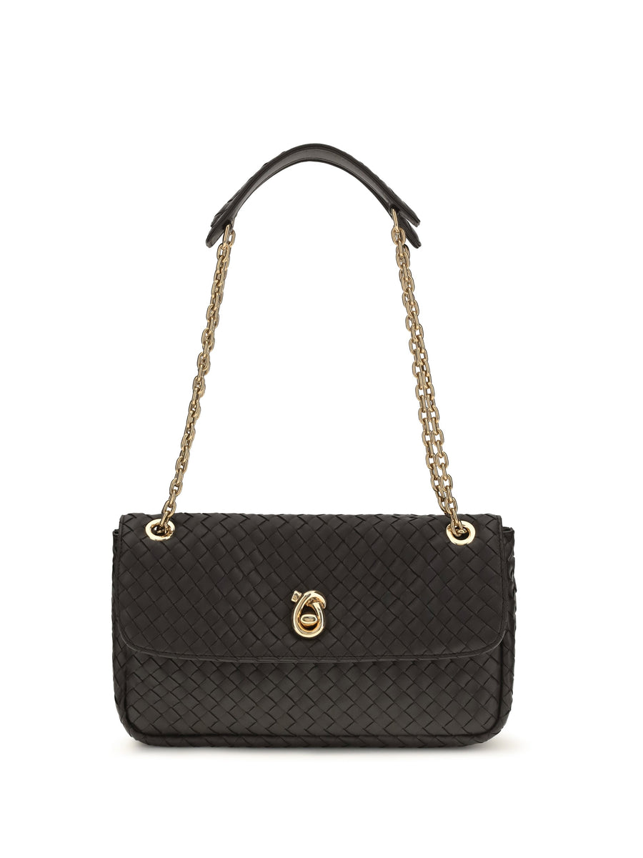Bottega Veneta Intreccio Shoulder Bag — Black Calf Leather