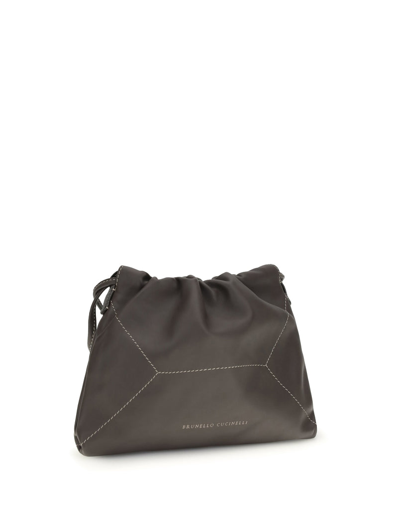 Brunello Cucinelli Calf Leather Gathered Shoulder Bag — Brown Bos Taurus
