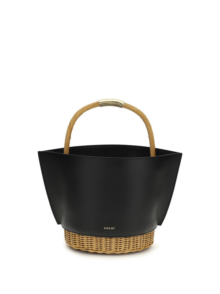 Sacai Leather And Rattan Shoulder Bag — Black Calf Bos Taurus