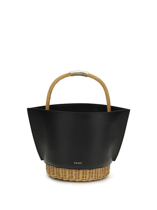 Sacai Leather And Rattan Shoulder Bag — Black Calf