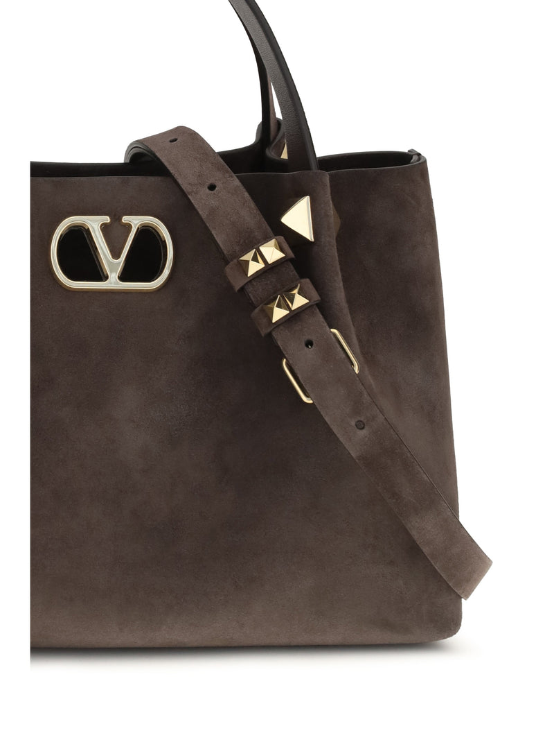 Valentino Garavani Studded Suede Shoulder Bag — Brown Calf Leather