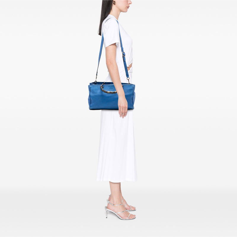 Medium Metallic Calfskin Bamboo Shopper Satchel - Image 7
