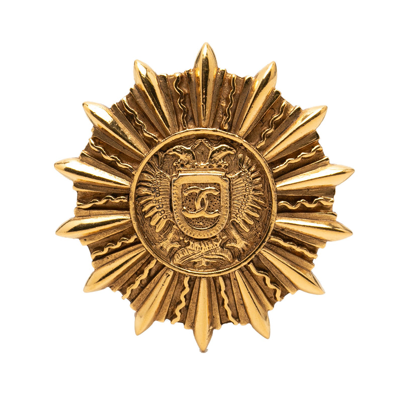 Gold Plated Sunburst Shield Brooch