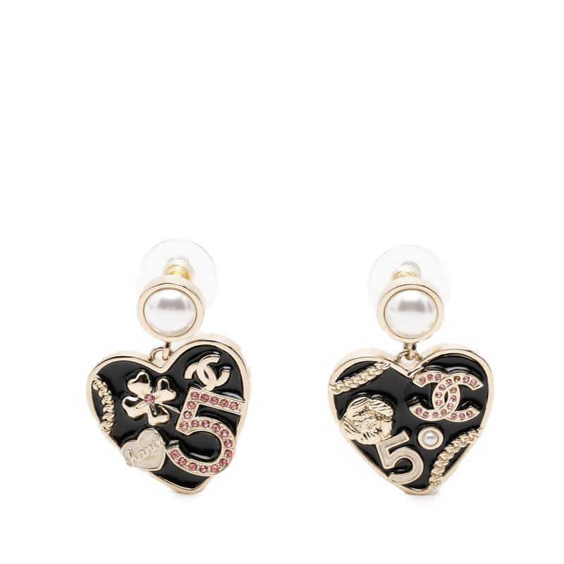 CC Gold Plated Faux Pearl Strass and Resin Heart Drop Push Back Earrings