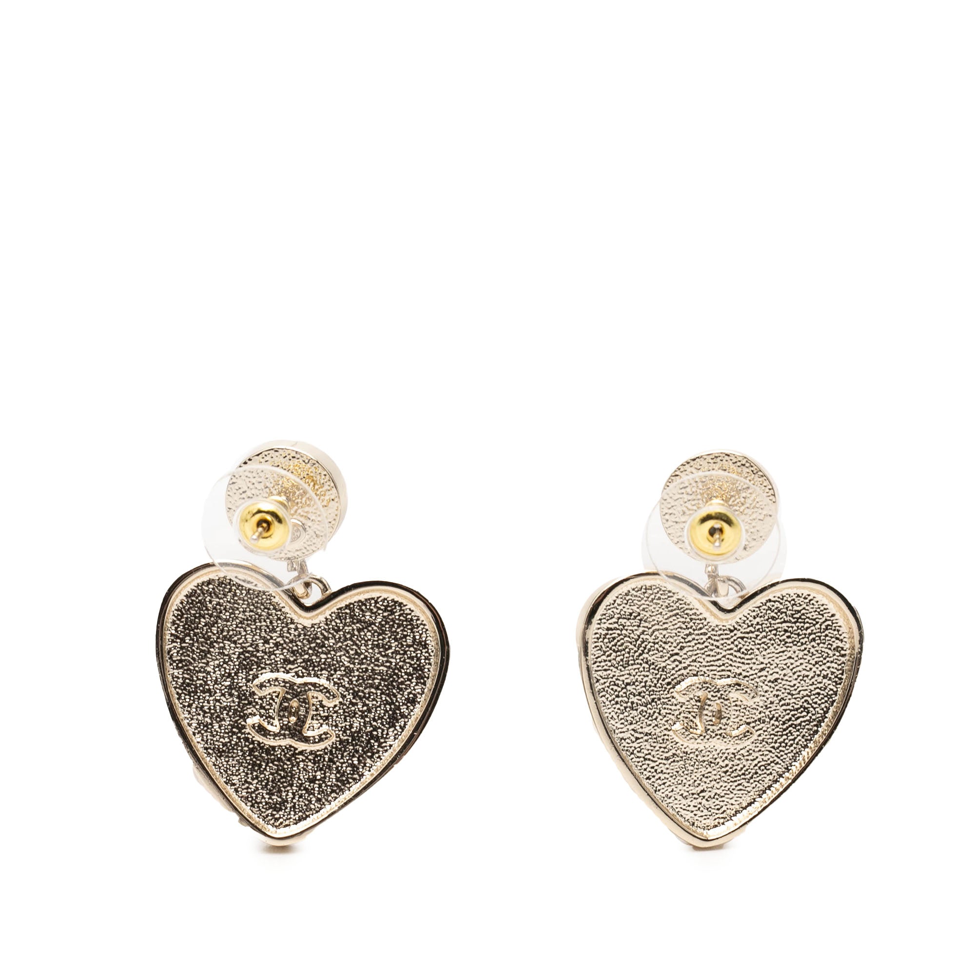 CC Gold Plated Faux Pearl Strass and Resin Heart Drop Push Back Earrings - Image 2