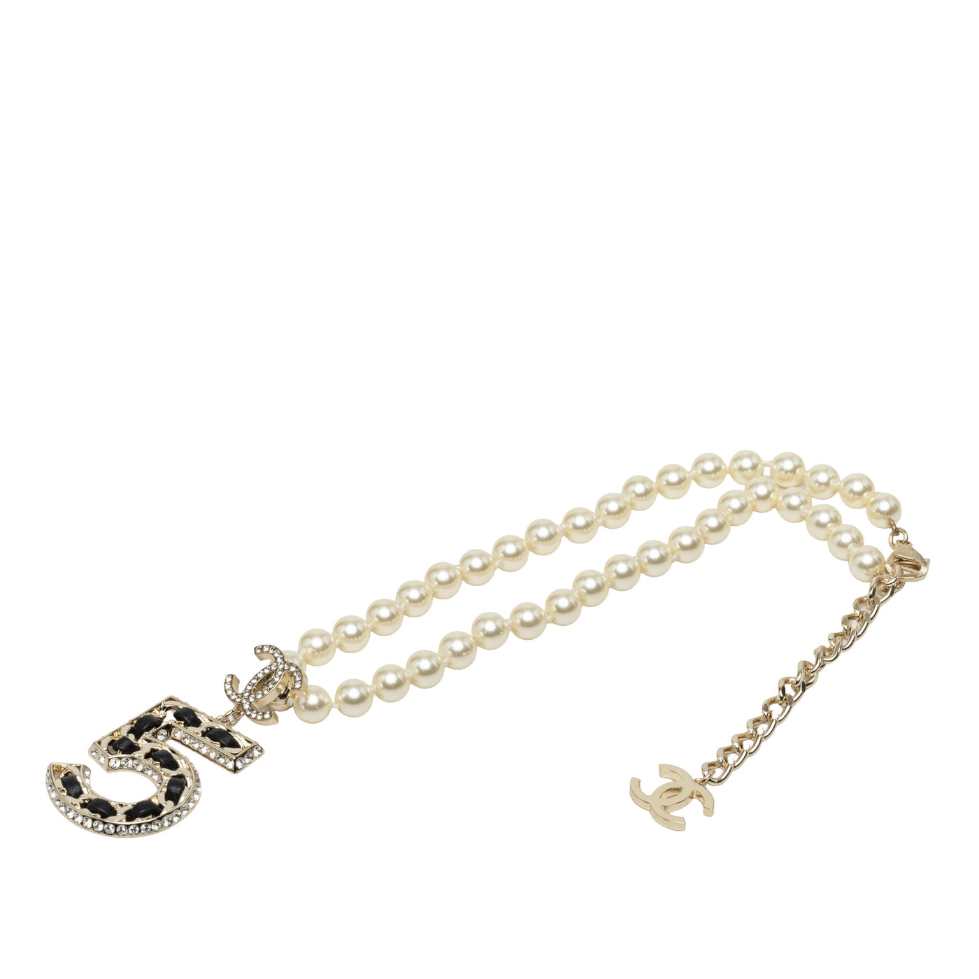 CC Brass No 5 Strass and Faux Pearl Pendant Necklace - Image 1