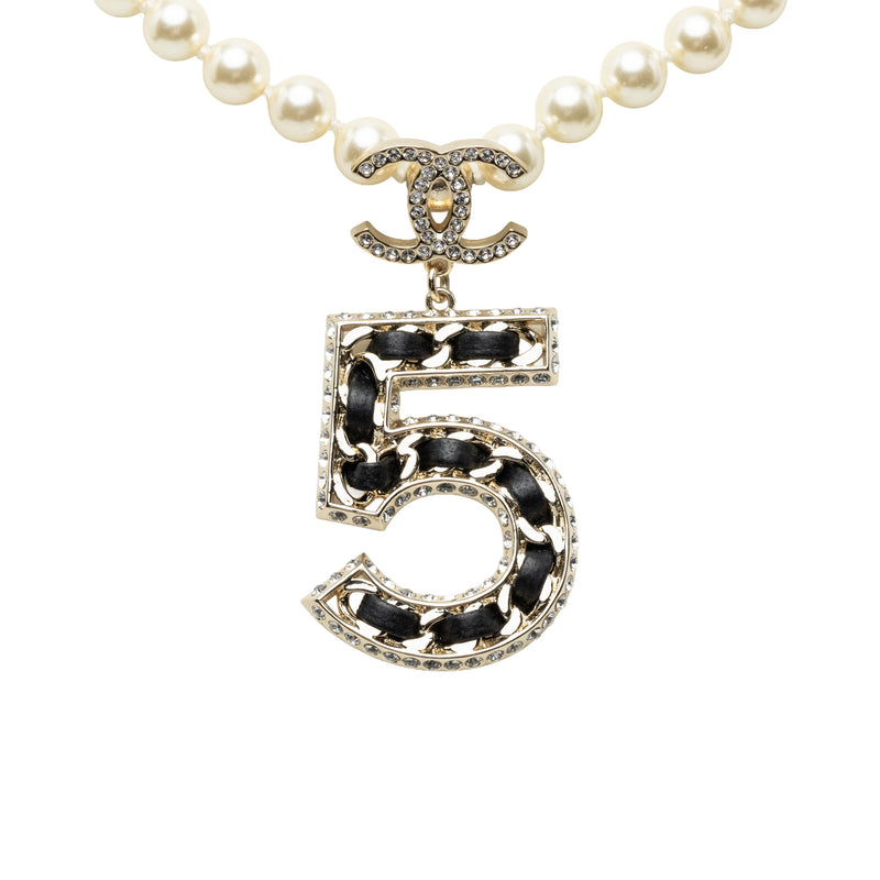 CC Brass No 5 Strass and Faux Pearl Pendant Necklace - Image 2