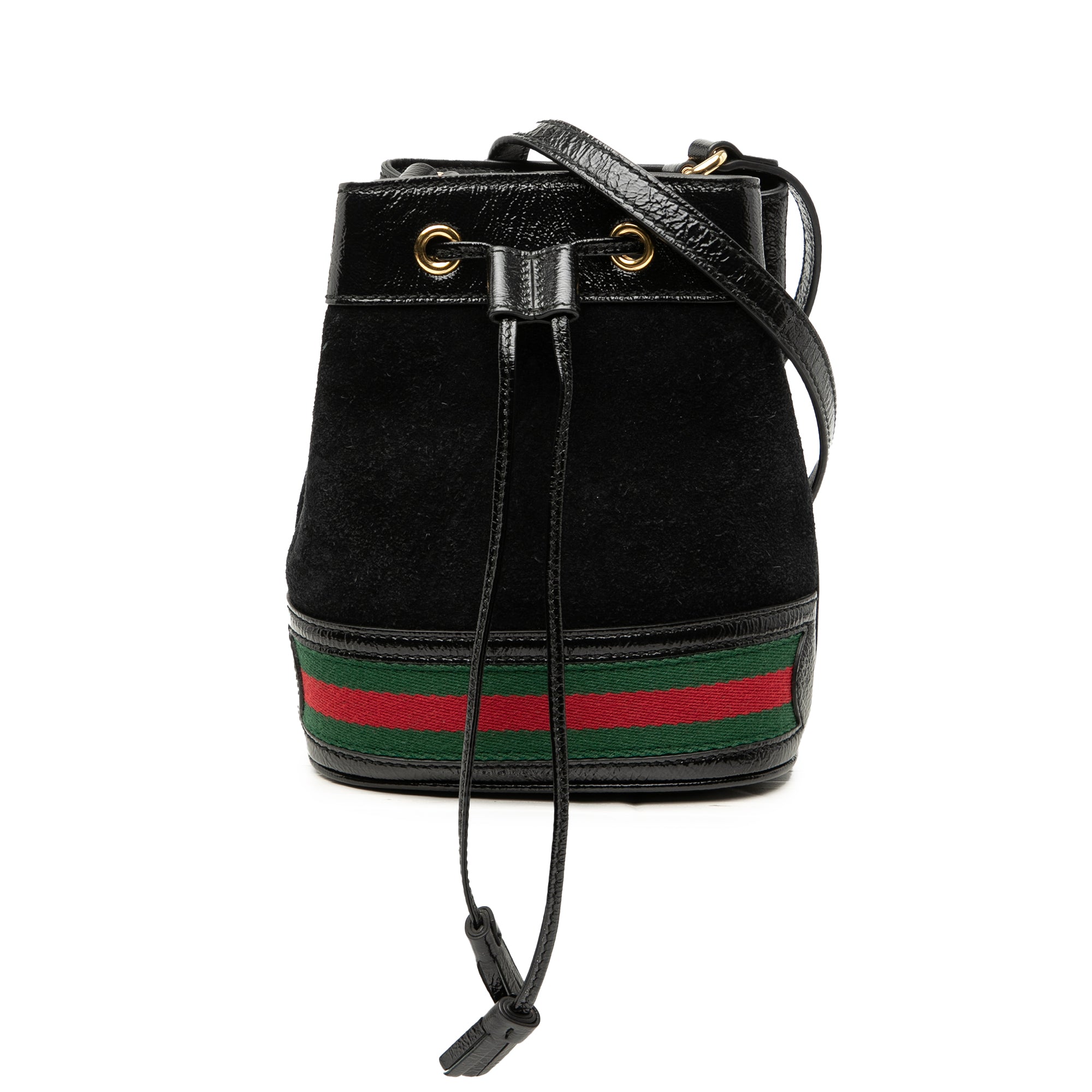 Mini Suede and Patent Web Ophidia Bucket Bag - Image 1
