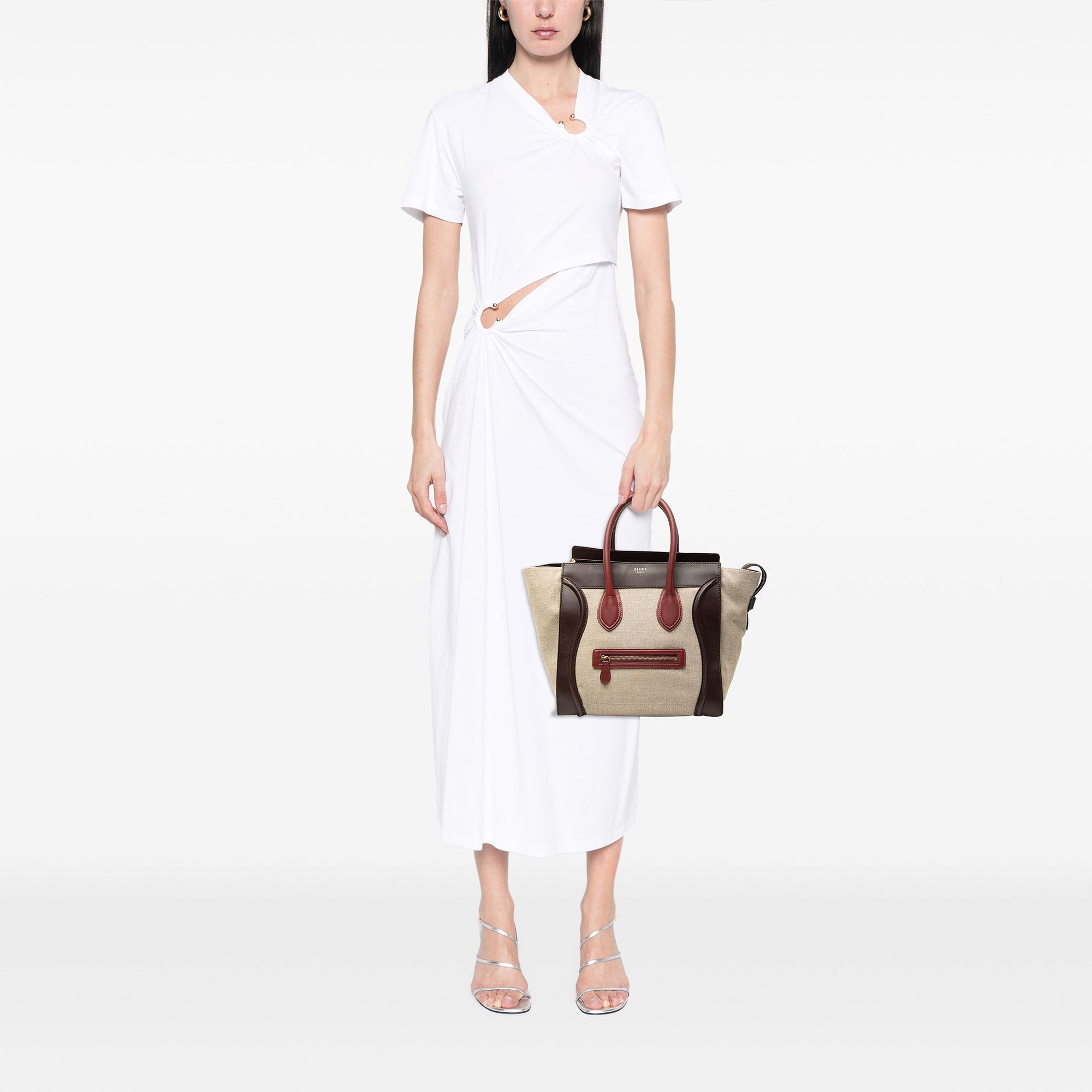 Mini Tricolor Linen and Leather Luggage Tote - Image 6