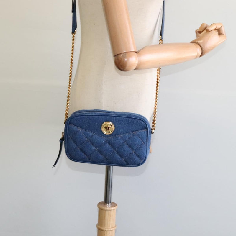 Versace Medusa Icon Front Slip Pocket Camera Quilted Denim Blue Canvas Bag
