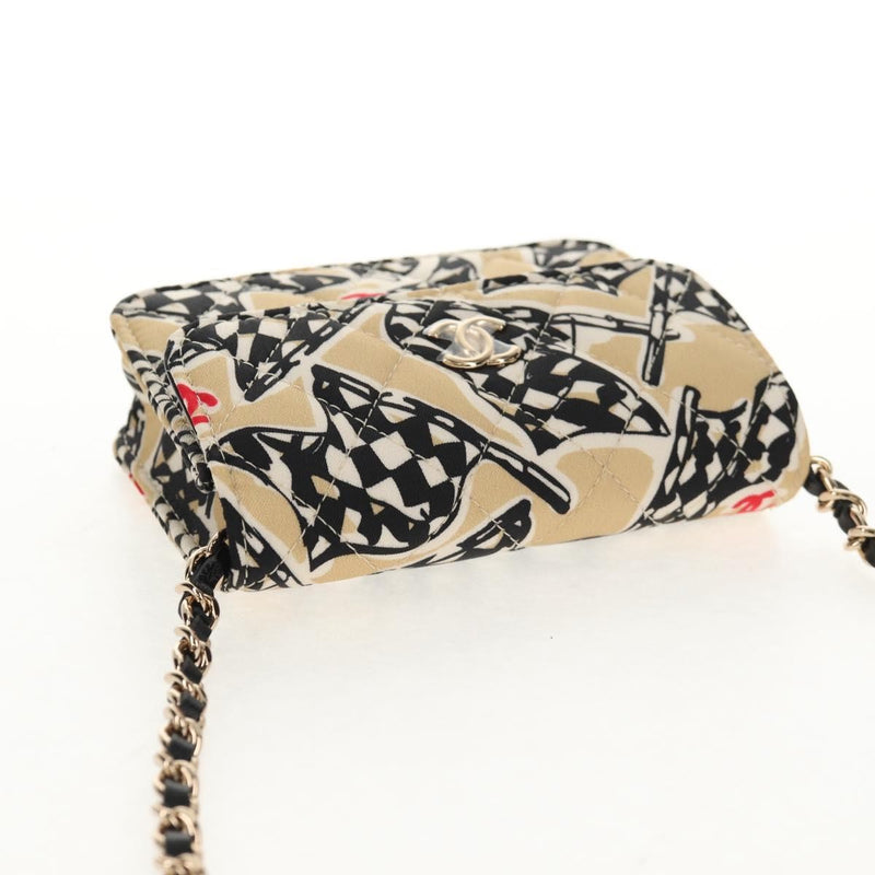 Chanel Flap Card Holder On Chain Quilted Printed Canvas Beige Satin Bag