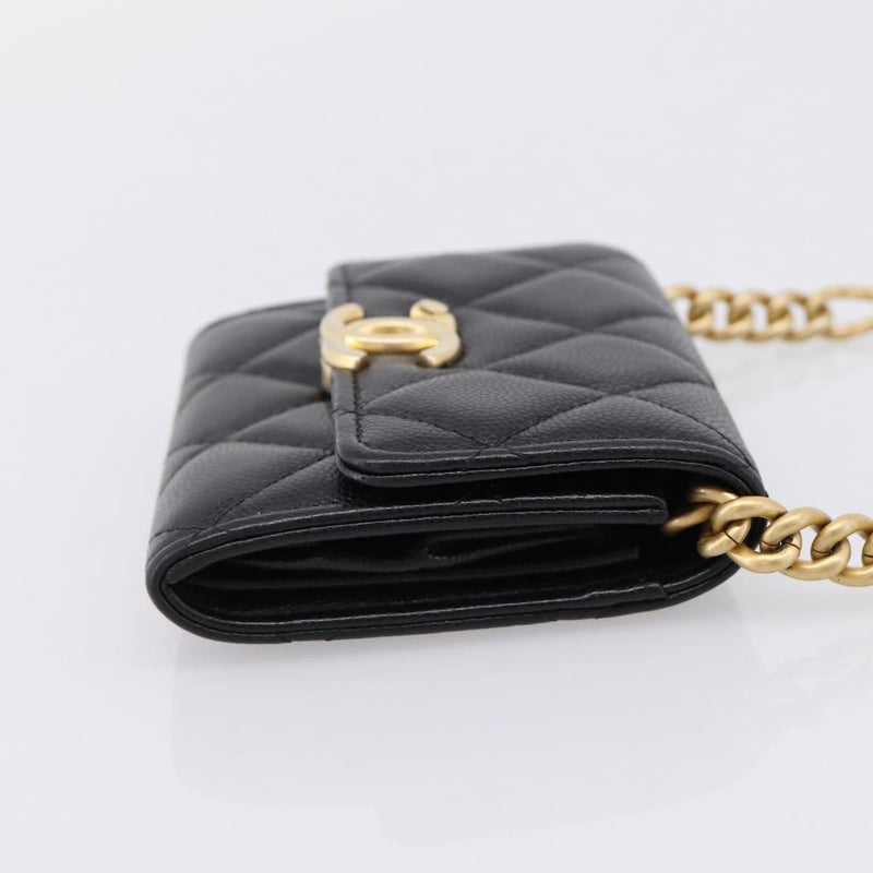 Chanel Plate Logo Cc Flap Card Holder On Chain Quilted Caviar Black Leather Bag