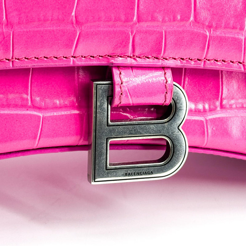 Balenciaga Hourglass Top Handle Crocodile Embossed Leather Pink Bag