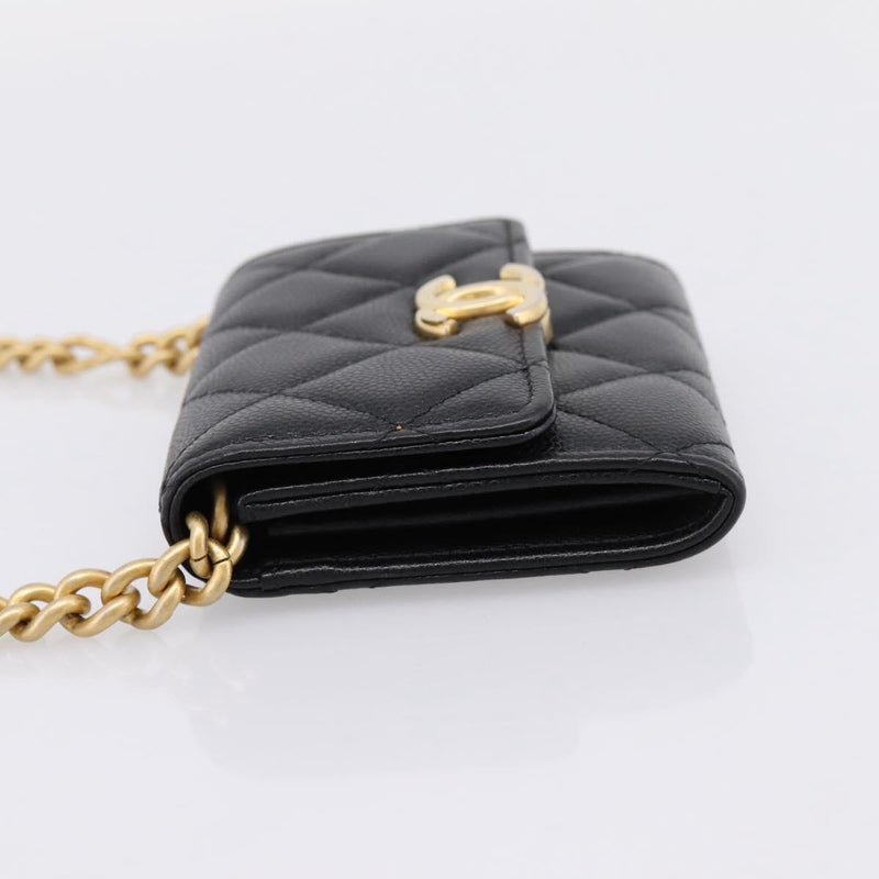 Chanel Plate Logo Cc Flap Card Holder On Chain Quilted Caviar Black Leather Bag