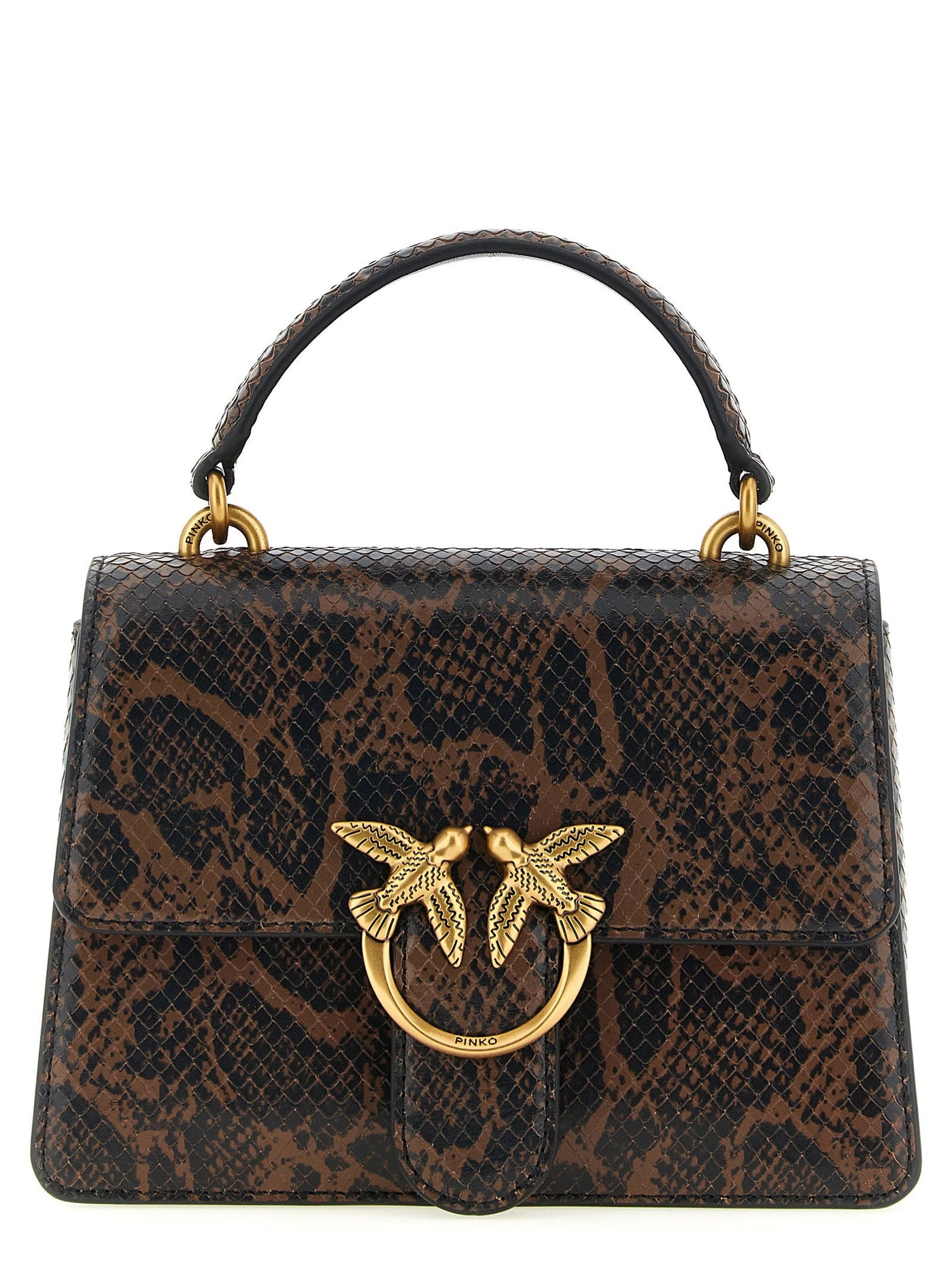 Pinko Python-Print Leather Top Handle Bag — Brown