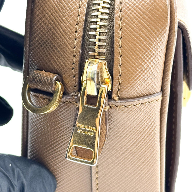 Prada Pushlock Pocket Camera Saffiano Leather Brown Bag