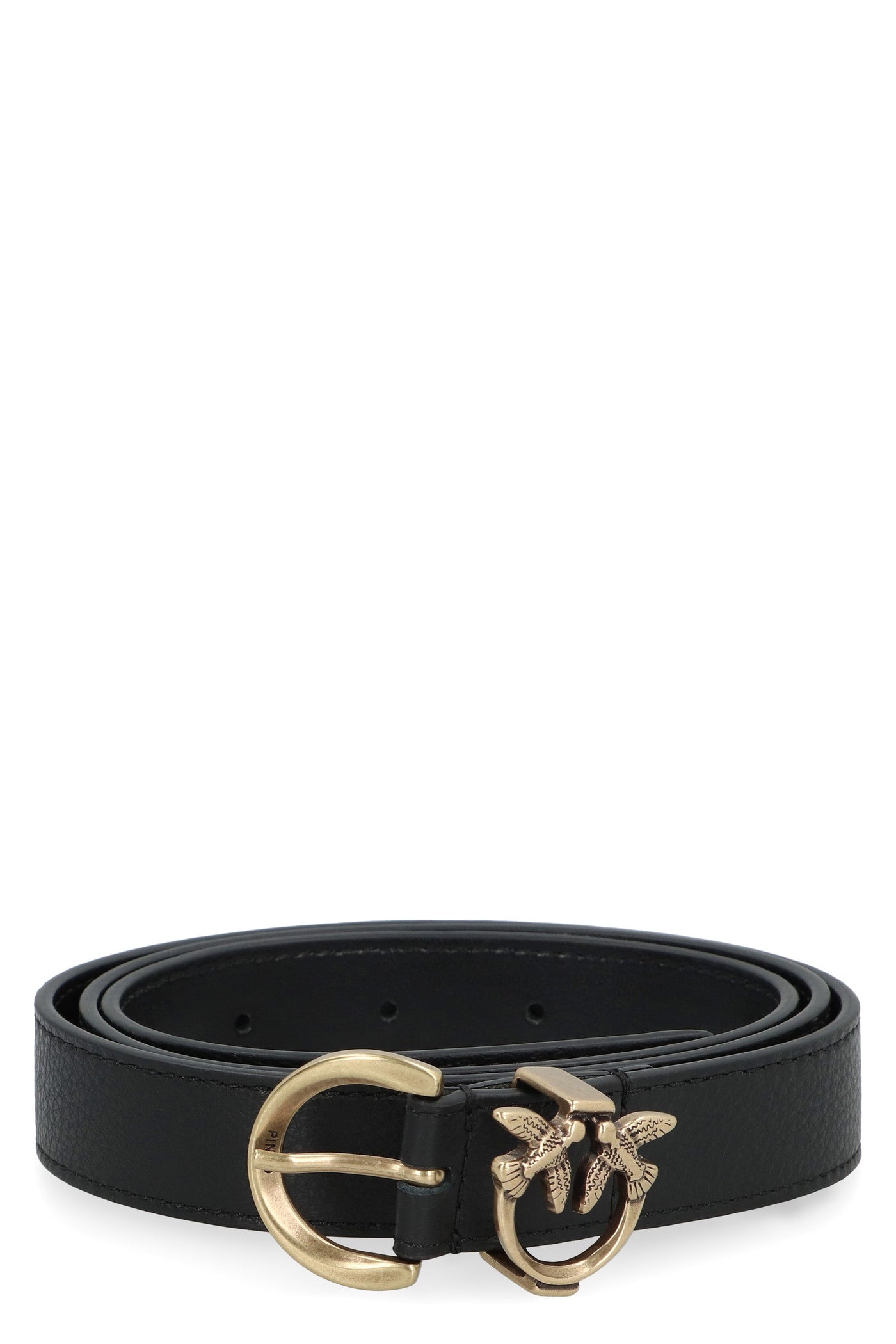 Pinko Love Birds Buckle Leather Belt — Black Cow Hide