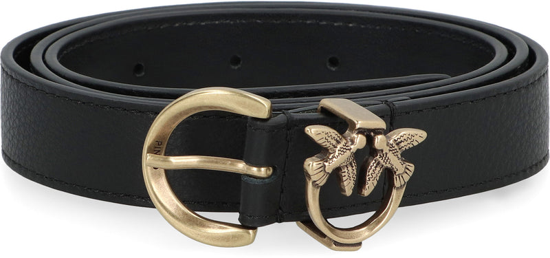 Pinko Love Birds Buckle Leather Belt — Black Cow Hide