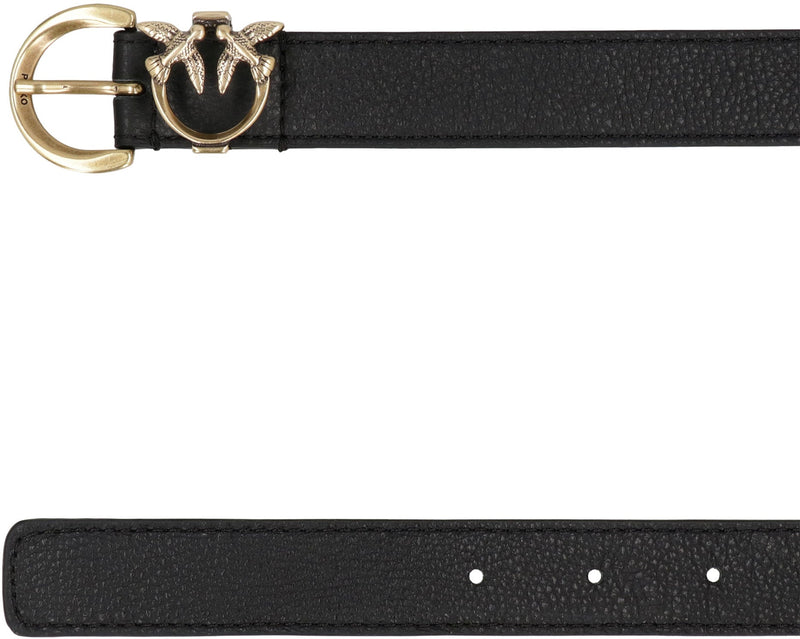 Pinko Love Birds Buckle Leather Belt — Black Cow Hide
