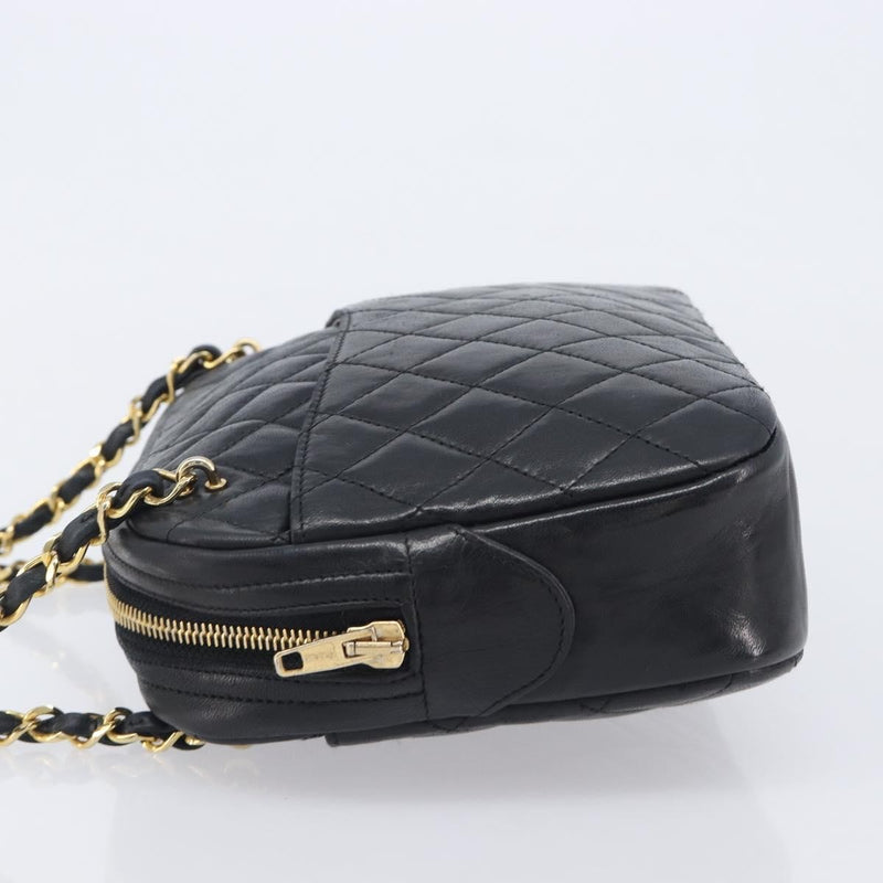 Chanel Vintage Front Pocket Camera Chevron Lambskin Black Leather Bag