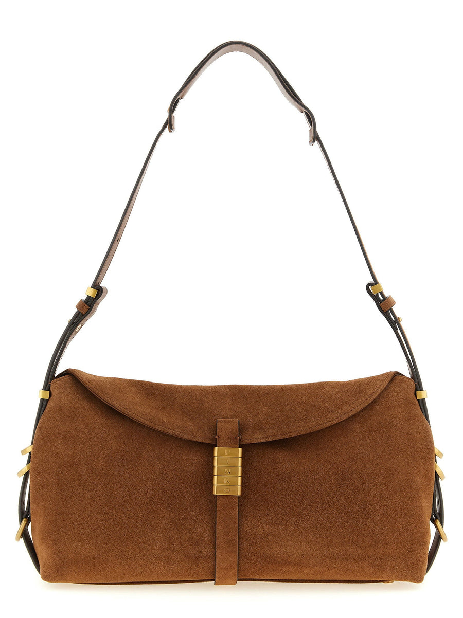 Pinko Suede Flap Shoulder Bag — Brown