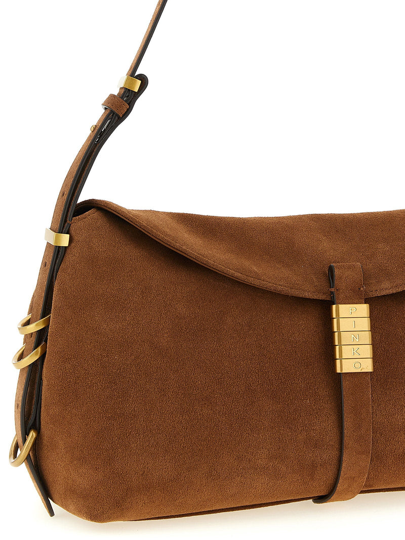 Pinko Suede Flap Shoulder Bag — Brown