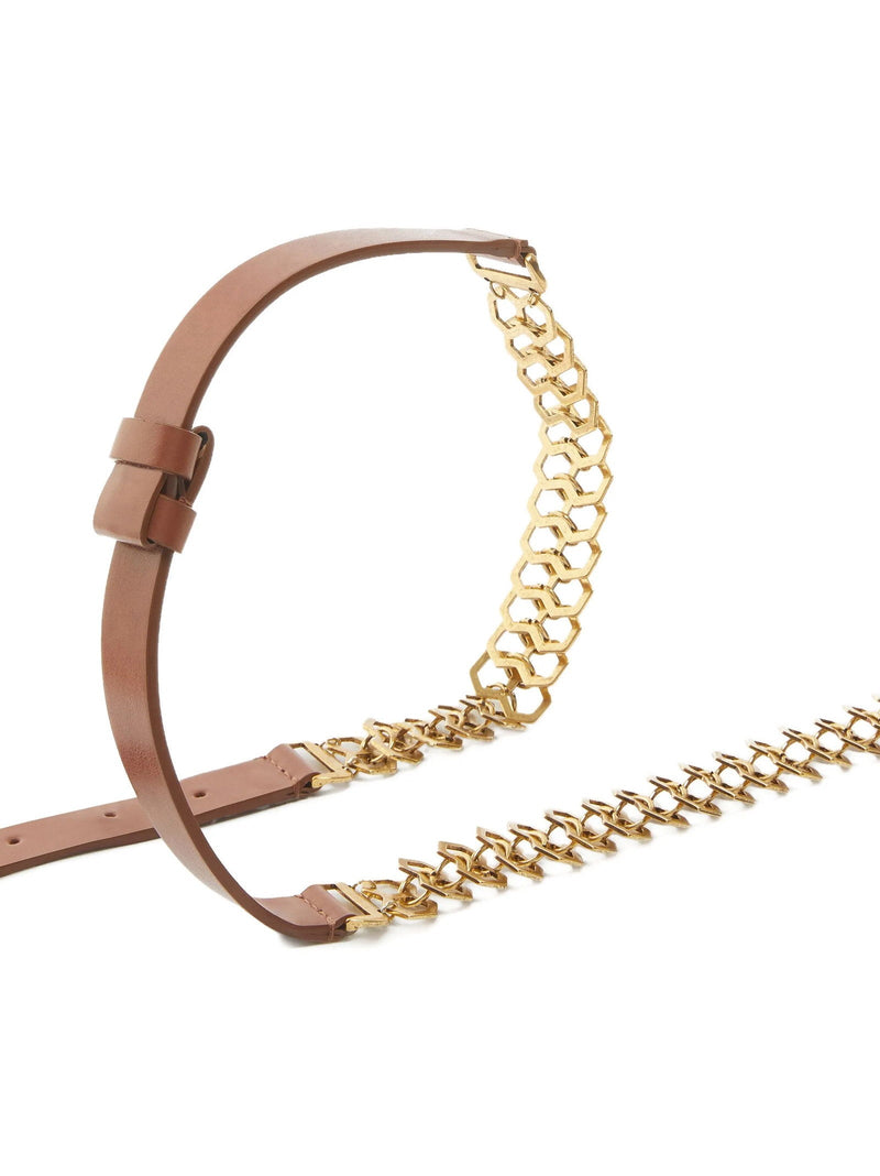 Pinko Chain-Trimmed Leather Belt — Tan