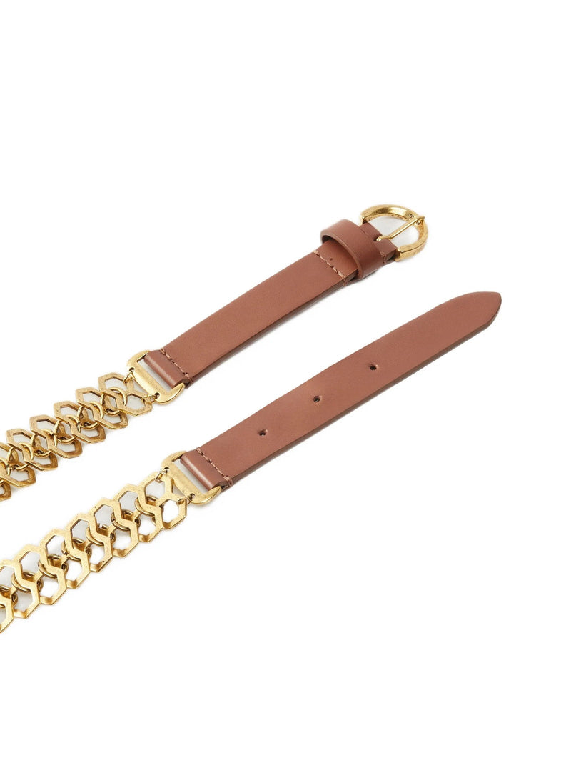 Pinko Chain-Trimmed Leather Belt — Tan