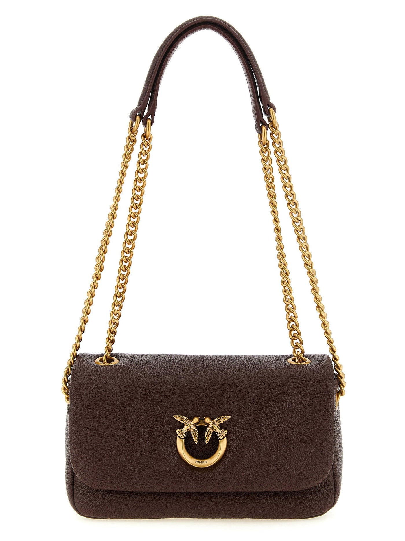Pinko Love Birds Shoulder Bag — Brown Lambskin With Hammered Finish