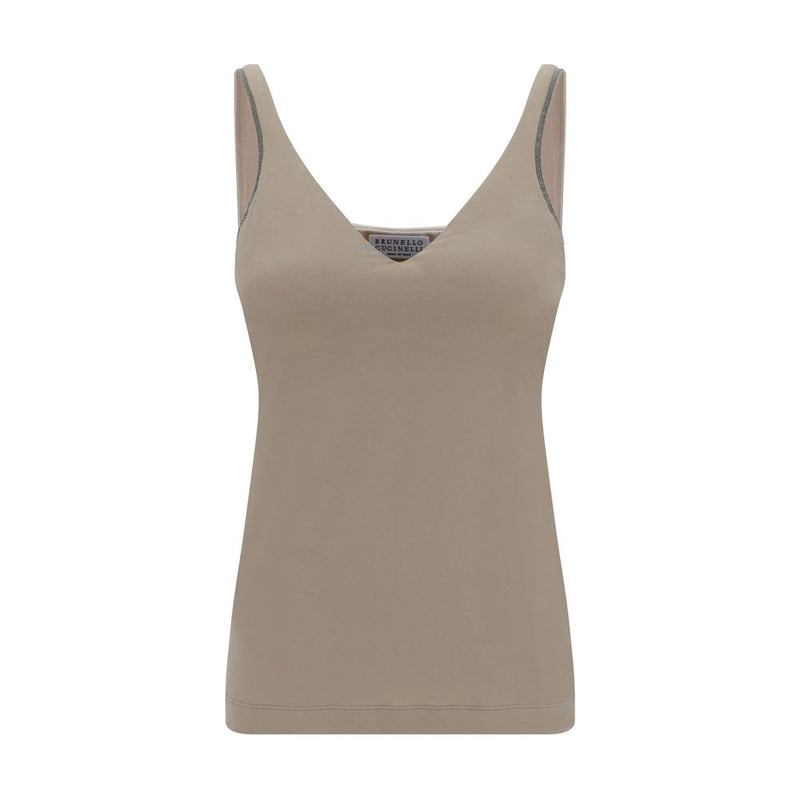 Beige Cotton Sleeveles T-Shirt
