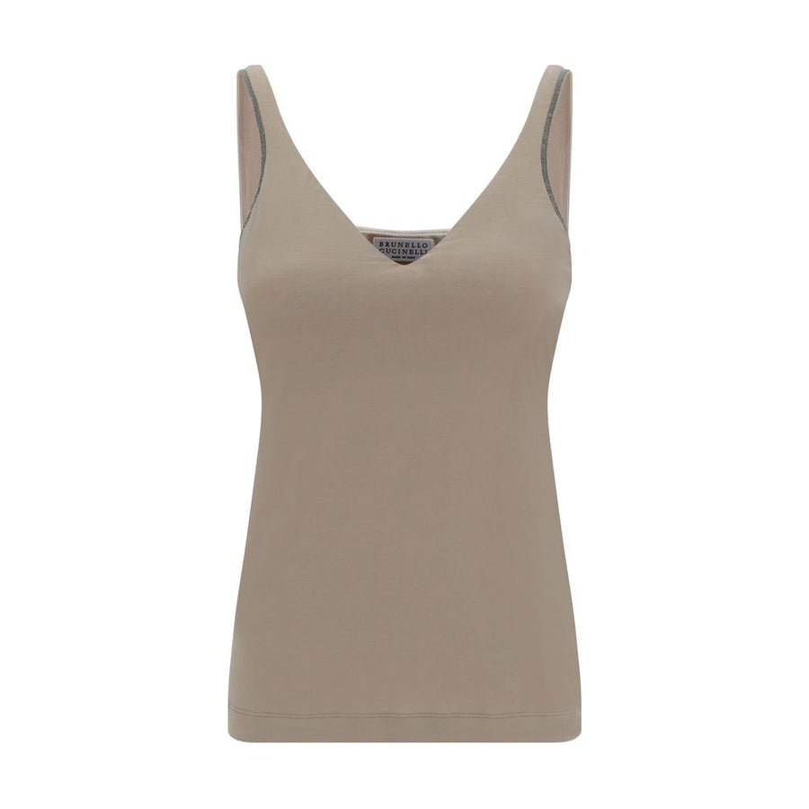 Beige Cotton Sleeveles T-Shirt