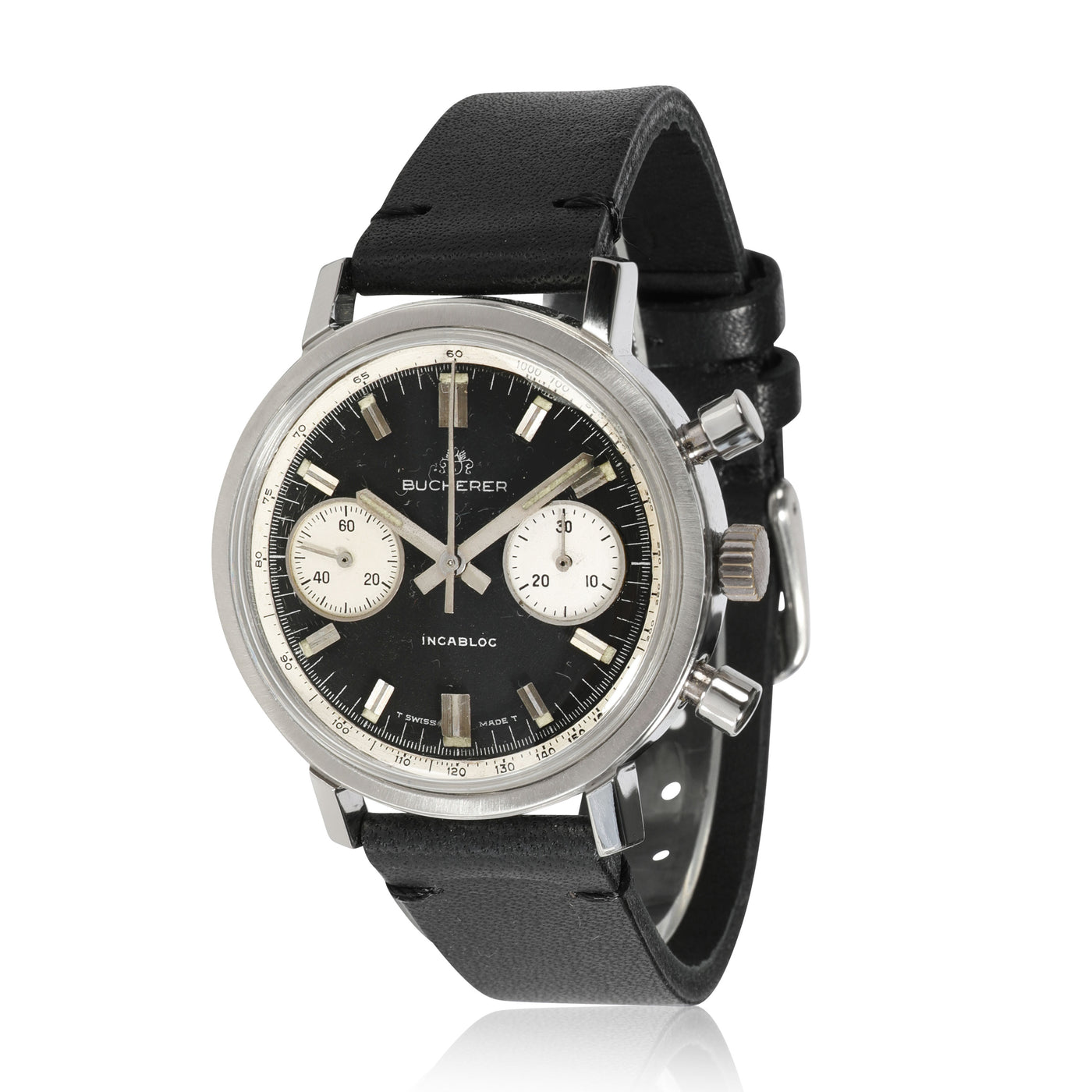 Bucherer Chrono Mens Vintage Watch Stainless Steel Black