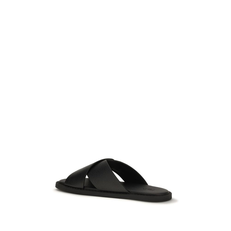 Black Calf Leather Bos Taurus Flat Sandals