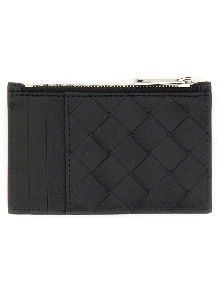Bottega Veneta Woven Intrecciato Calfskin Card Case — Black Calf Skin Wallets & Purses