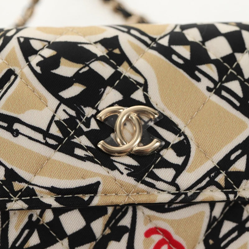 Chanel Flap Card Holder On Chain Quilted Printed Canvas Beige Satin Bag