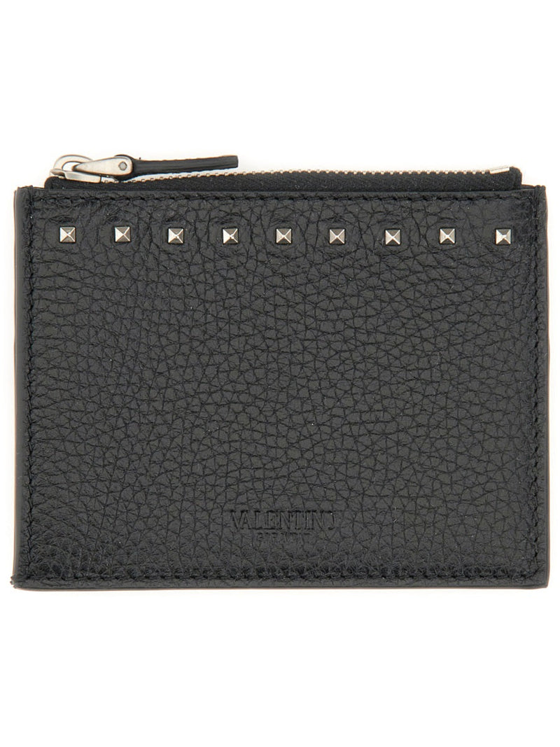 Valentino Garavani Rockstud Embellished Card Case — Black Leather Wallets & Purses