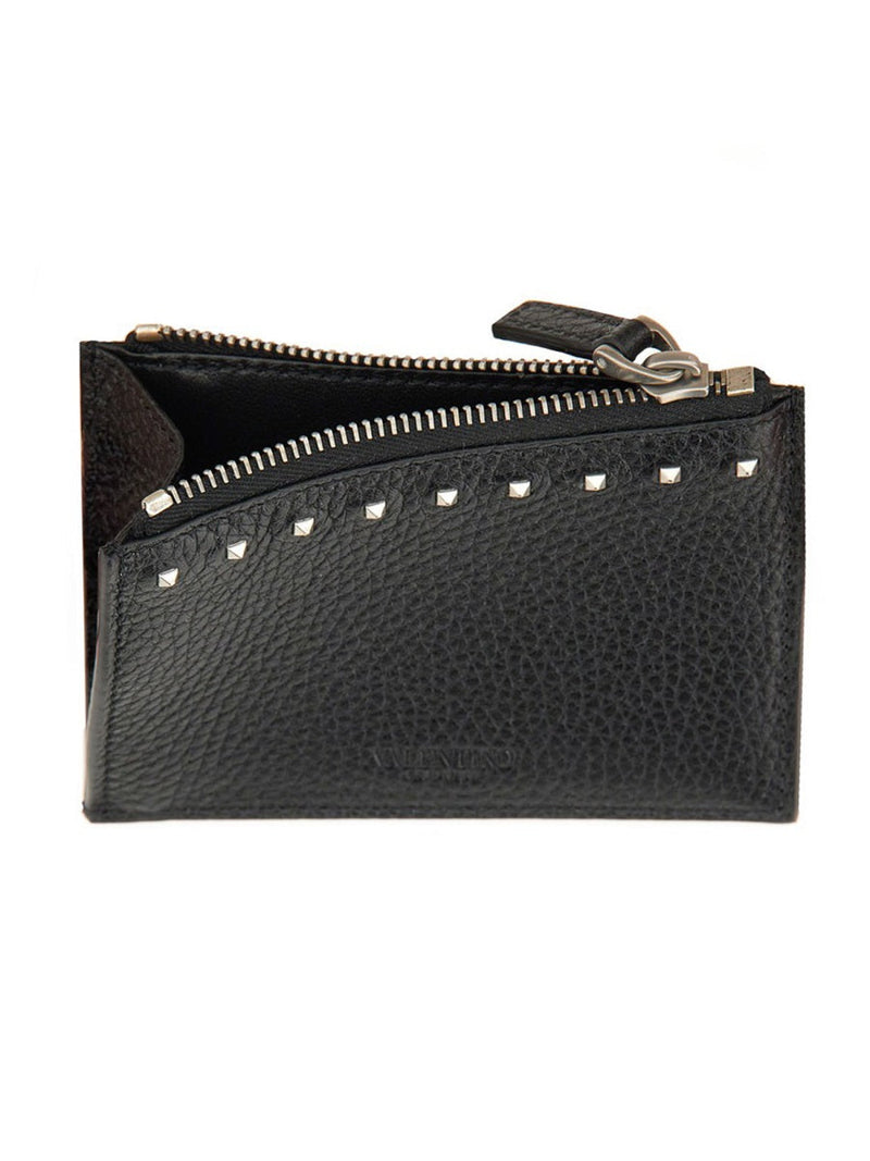 Valentino Garavani Rockstud Embellished Card Case — Black Leather Wallets & Purses
