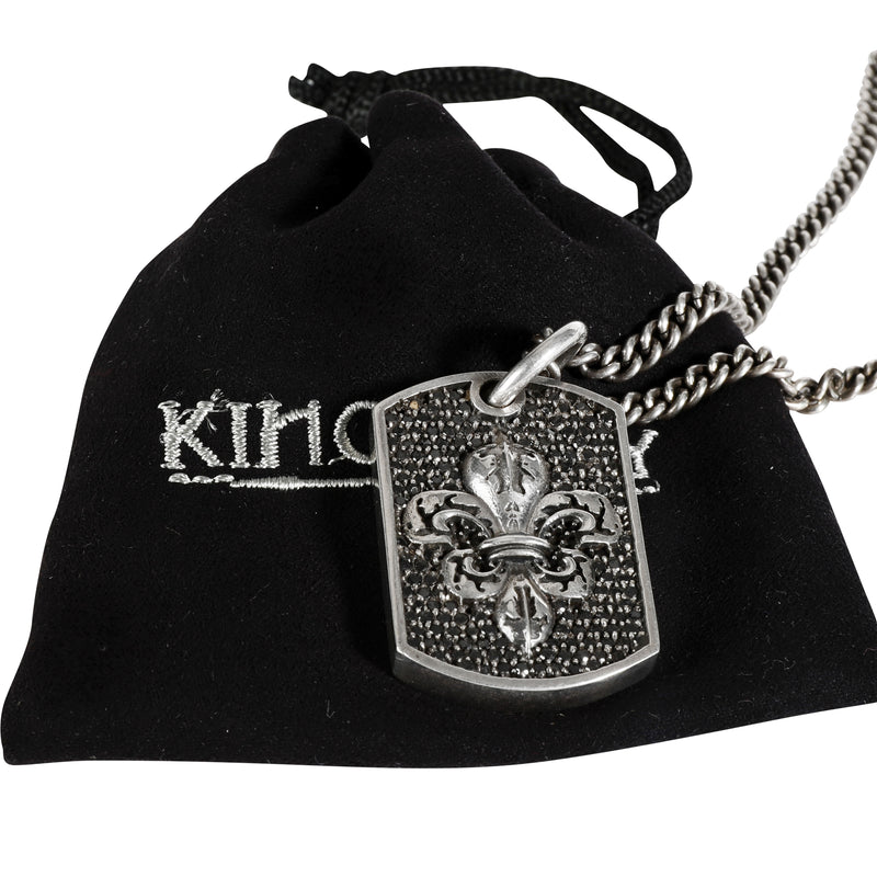 King Baby Pave Black Diamond Fleur-De-Lis Relic Dog Tag Pendant Silver 925