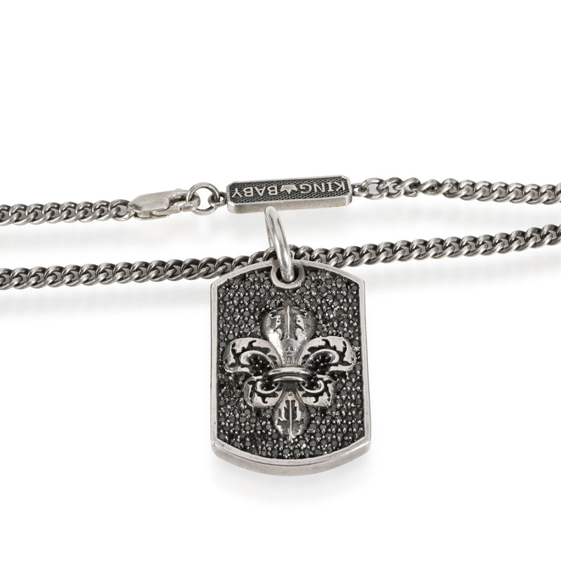 King Baby Pave Black Diamond Fleur-De-Lis Relic Dog Tag Pendant Silver 925