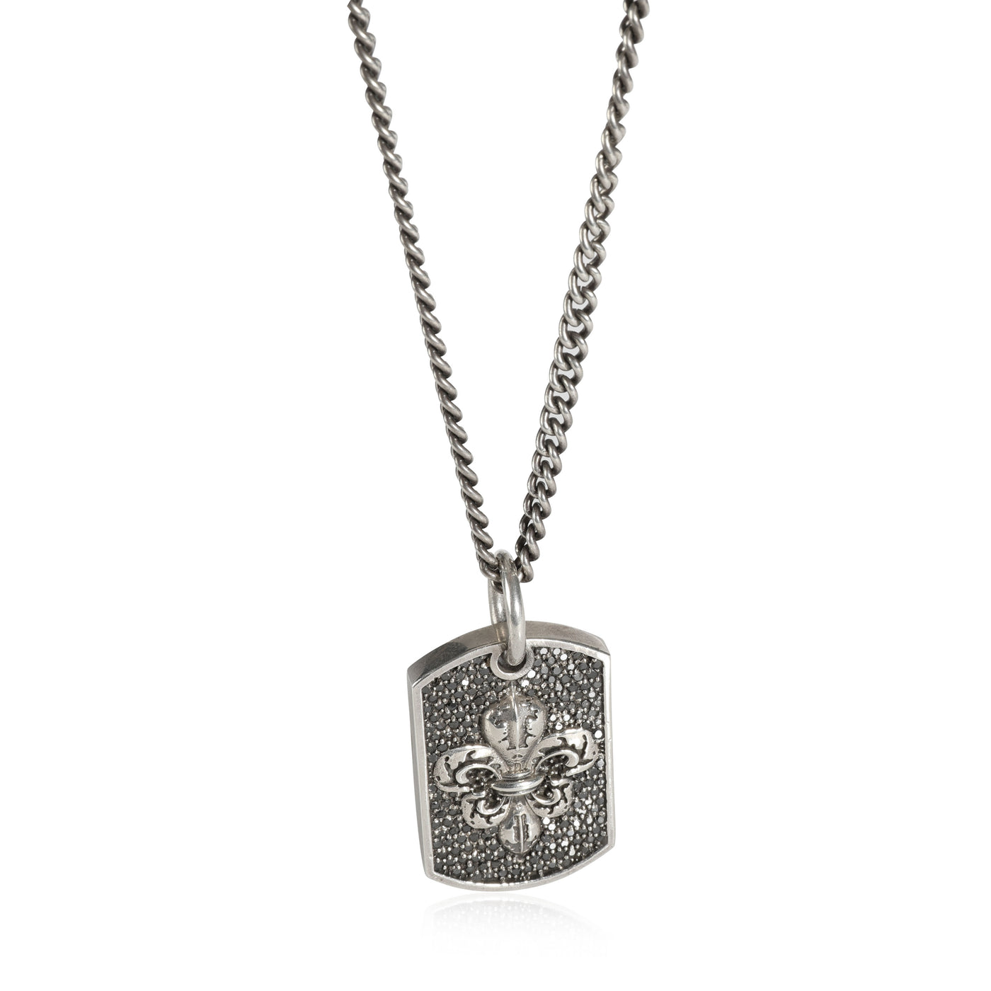King Baby Pave Black Diamond Fleur-De-Lis Relic Dog Tag Pendant Silver 925