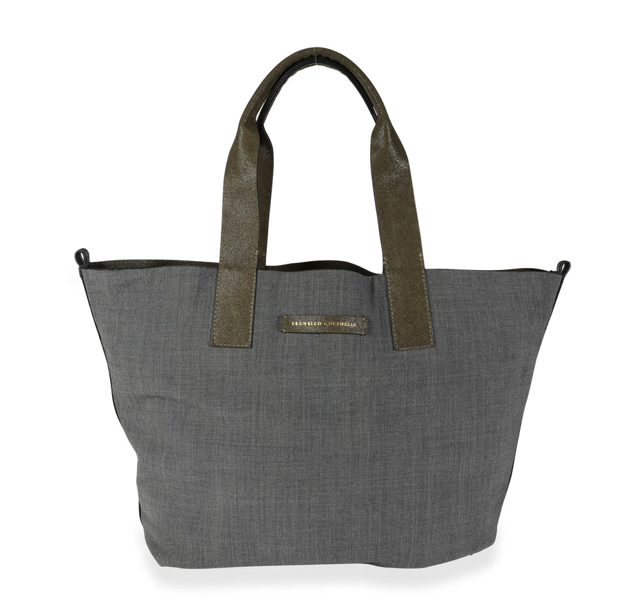 Brunello Cucinelli Olive Suede & Gray Wool Reversible Tote Green Handbag