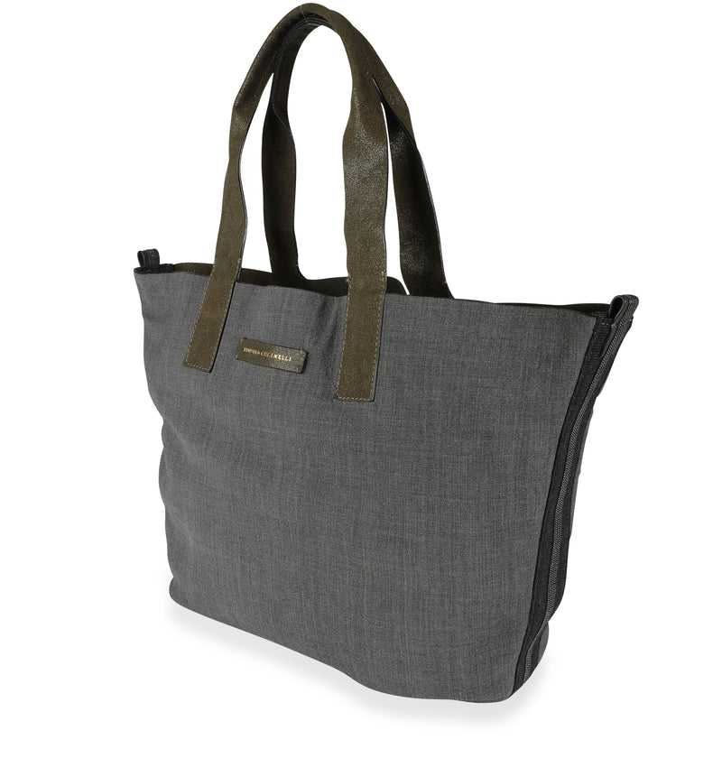 Brunello Cucinelli Olive Suede & Gray Wool Reversible Tote Green Handbag